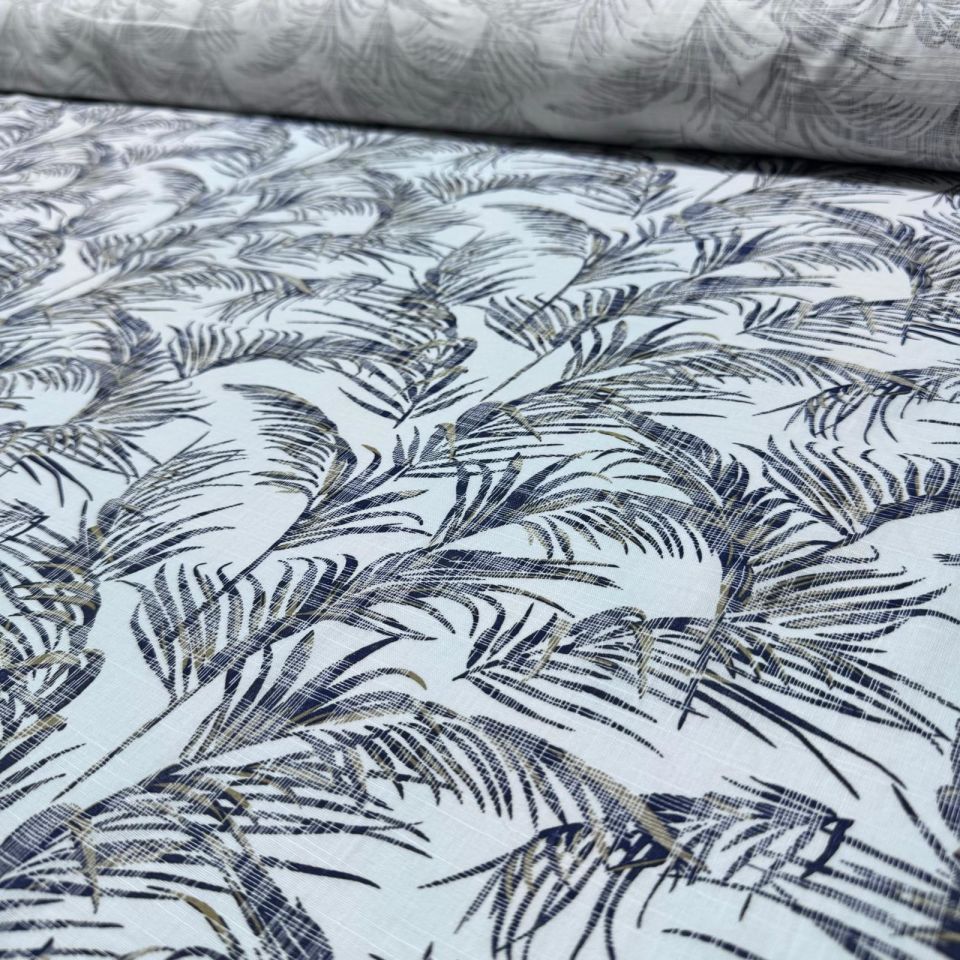 Flam Keten Kumaş %100 Pamuk Çift En Lacivert Yaprak Desen