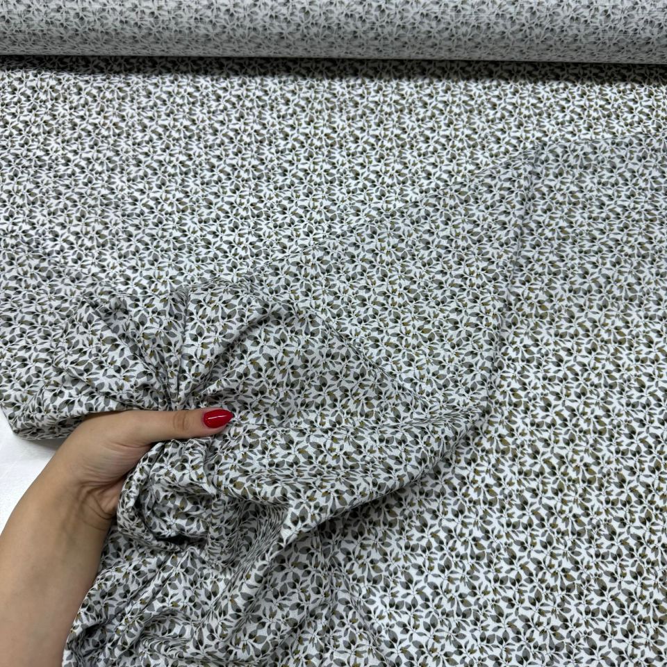 Flam Keten Kumaş %100 Pamuk Çift En Kahverengi Minik Yapraklı