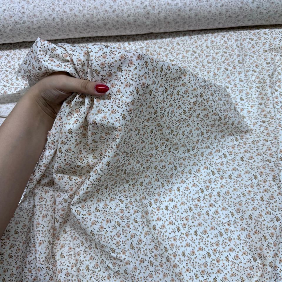 Flam Keten Kumaş %100 Pamuk Çift En Pembe Küçük Çiçek Desenli Empirme