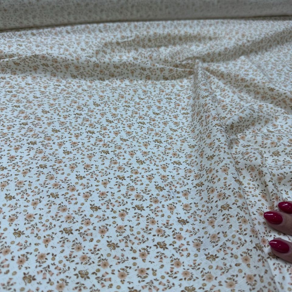 Flam Keten Kumaş %100 Pamuk Çift En Pembe Küçük Çiçek Desenli Empirme