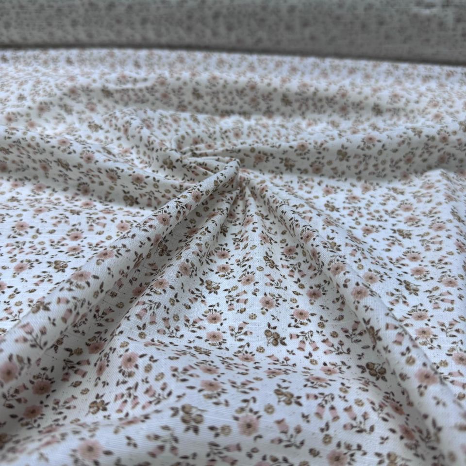Flam Keten Kumaş %100 Pamuk Çift En Pembe Küçük Çiçek Desenli Empirme