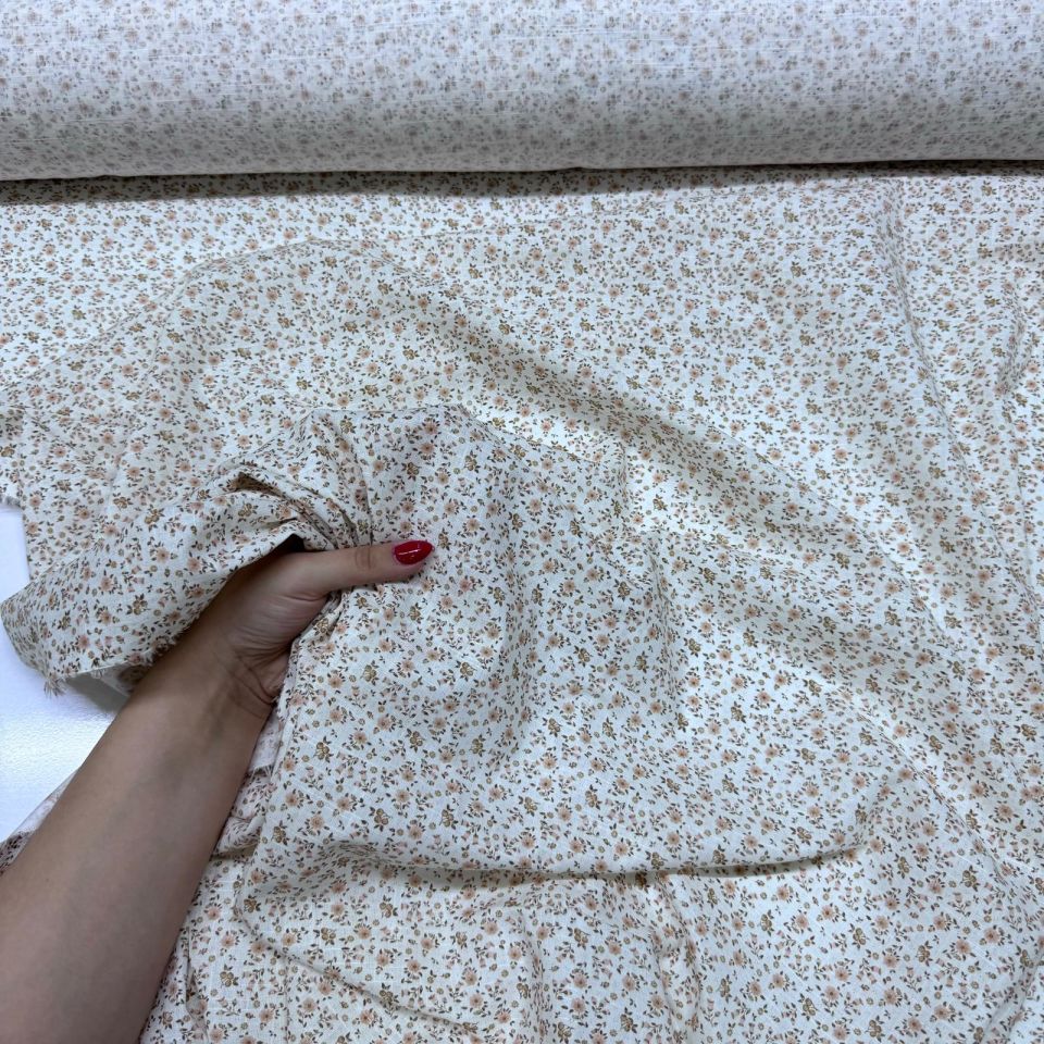 Flam Keten Kumaş %100 Pamuk Çift En Pembe Küçük Çiçek Desenli Empirme