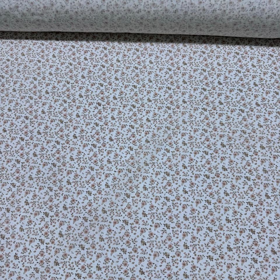 Flam Keten Kumaş %100 Pamuk Çift En Pembe Küçük Çiçek Desenli Empirme
