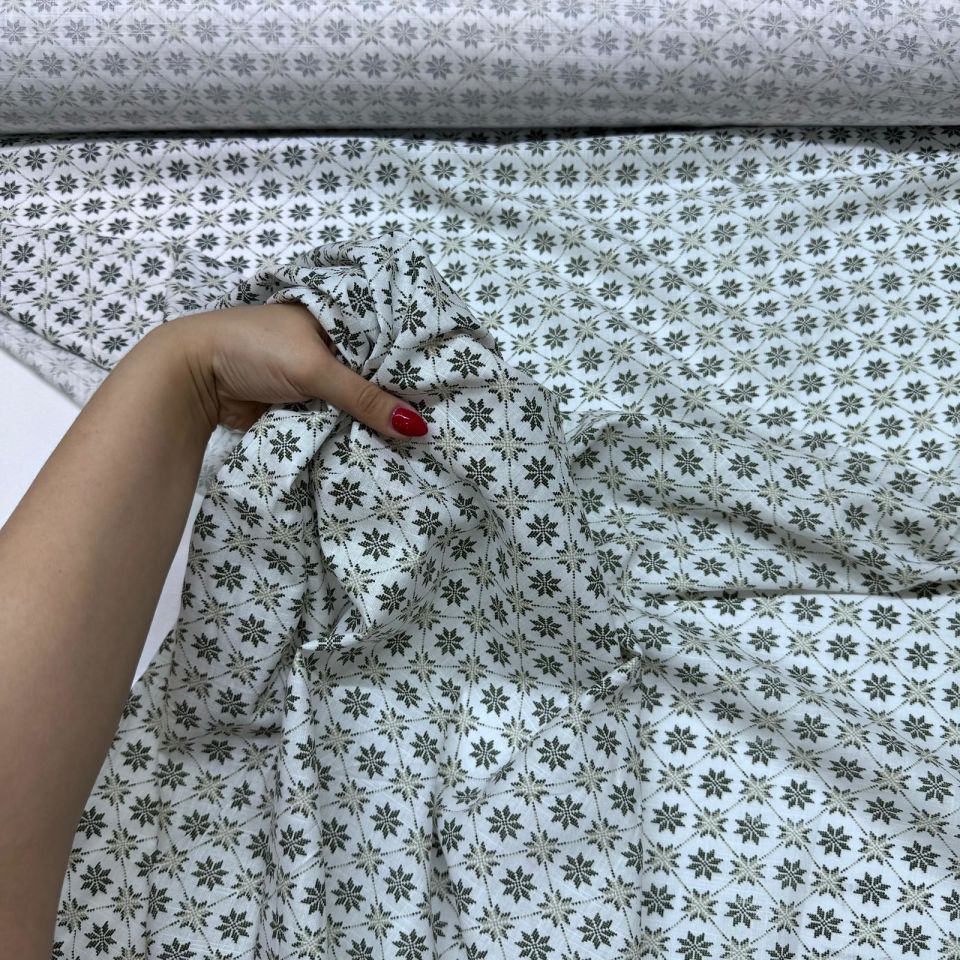 Flam Keten Kumaş %100 Pamuk Çift En Küçük Çiçek Motifli Haki Renk