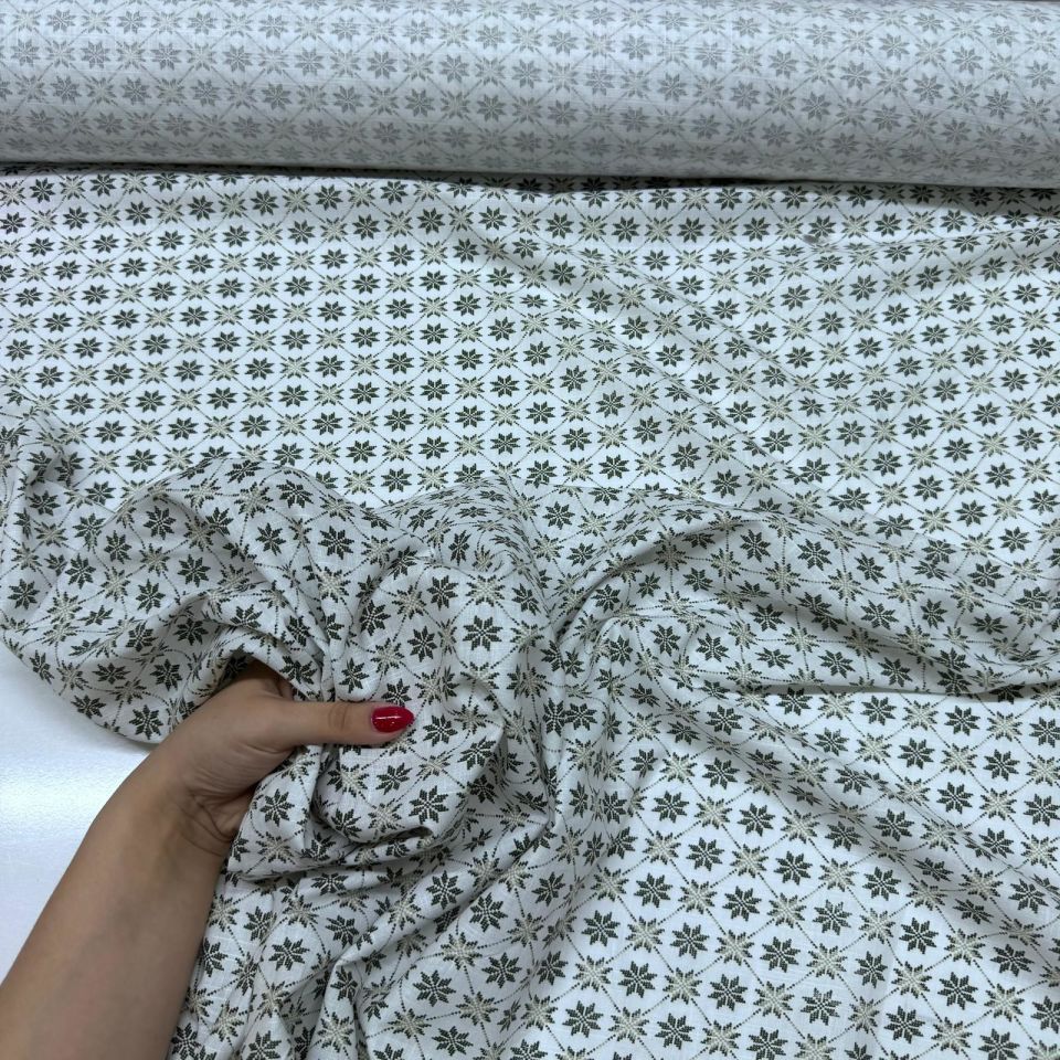 Flam Keten Kumaş %100 Pamuk Çift En Küçük Çiçek Motifli Haki Renk