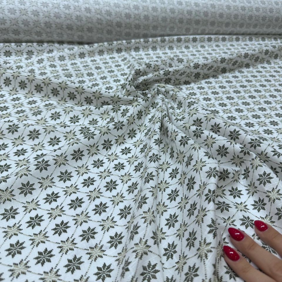 Flam Keten Kumaş %100 Pamuk Çift En Küçük Çiçek Motifli Haki Renk