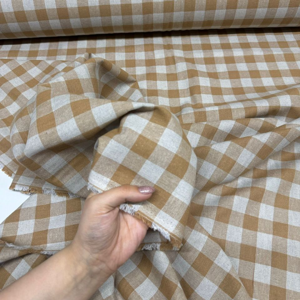 Kalın Keten Kumaş Ekoseli Çift En %100 Pamuk Sütlü Kahverengi