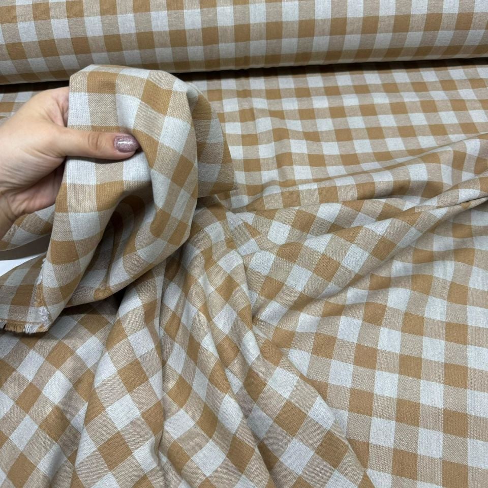 Kalın Keten Kumaş Ekoseli Çift En %100 Pamuk Sütlü Kahverengi