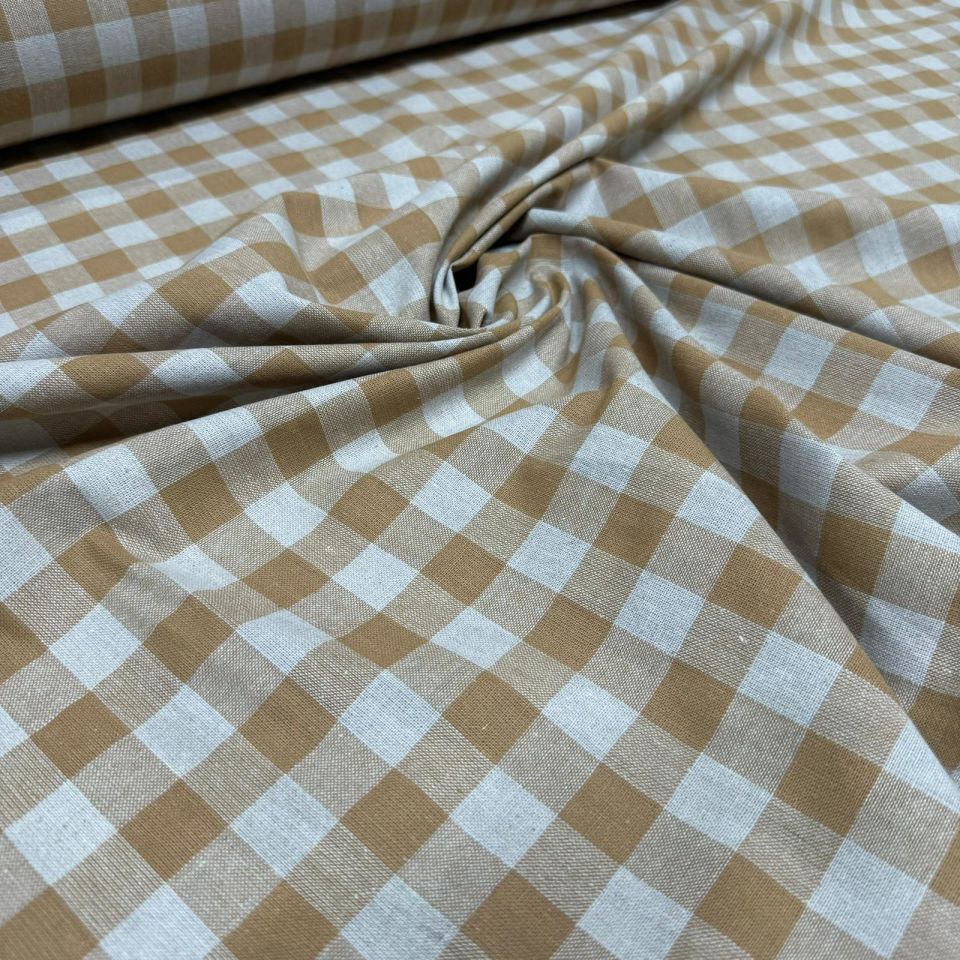Kalın Keten Kumaş Ekoseli Çift En %100 Pamuk Sütlü Kahverengi