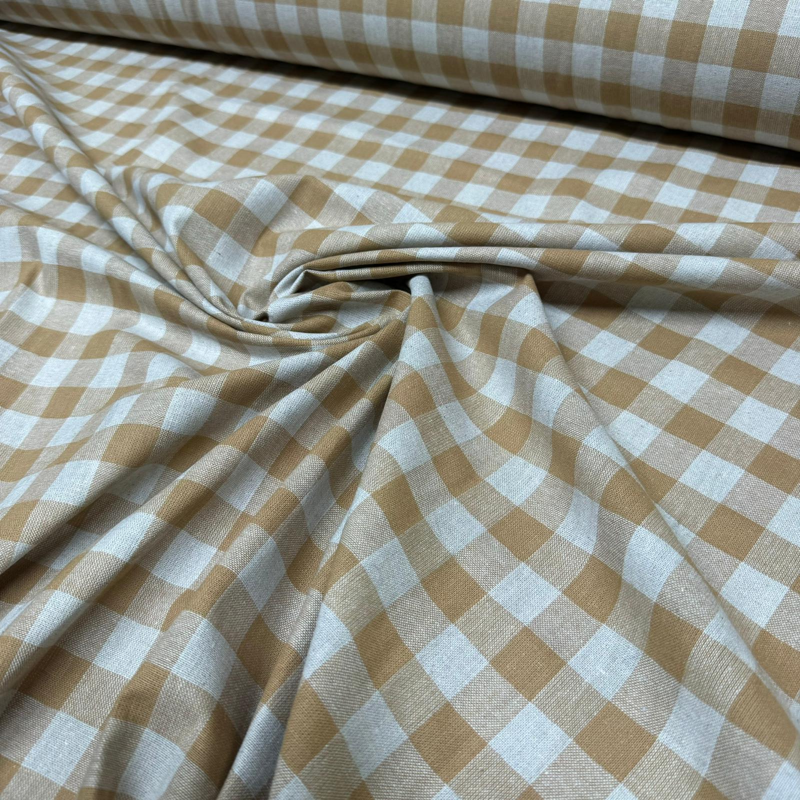 Kalın Keten Kumaş Ekoseli Çift En %100 Pamuk Sütlü Kahverengi