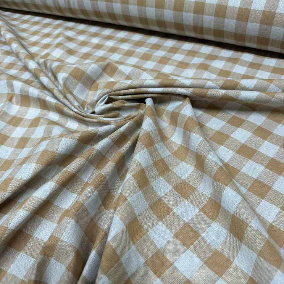 Kalın Keten Kumaş Ekoseli Çift En %100 Pamuk Sütlü Kahverengi