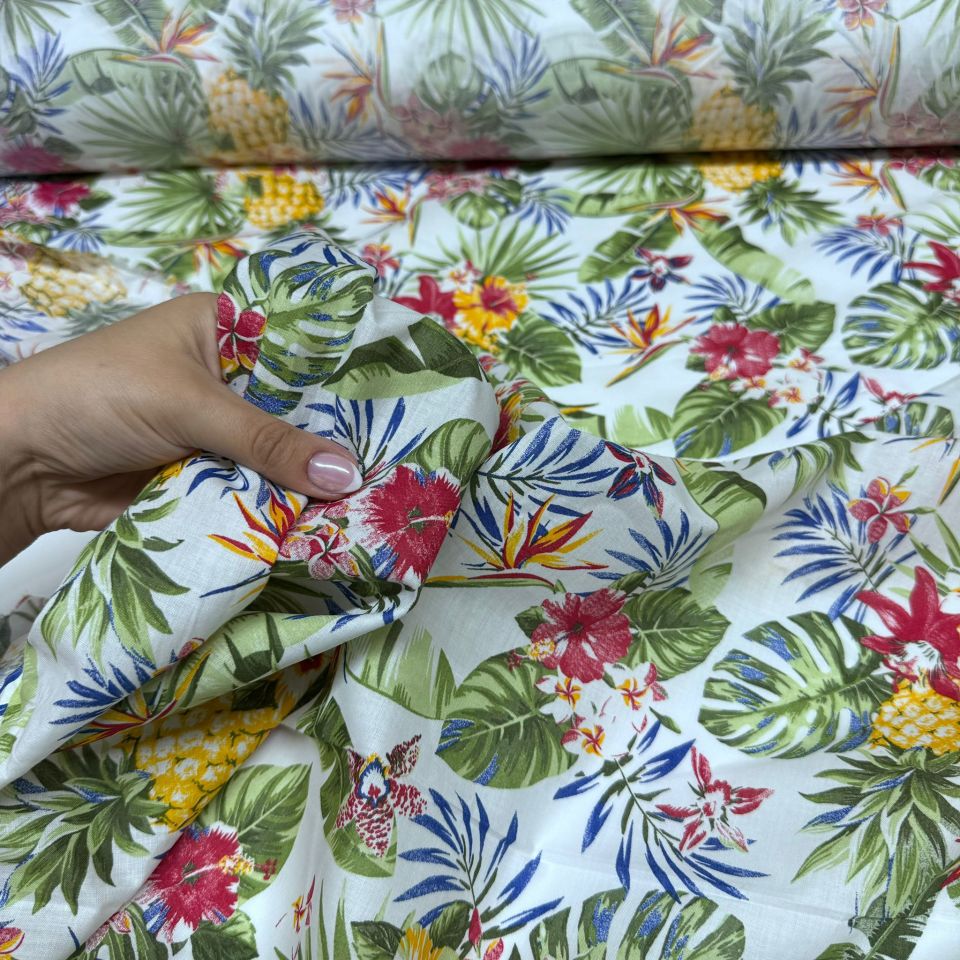 Vual Kumaş %100 Pamuk Çok Renkli Turuncu Çiçek Desenli Çift En