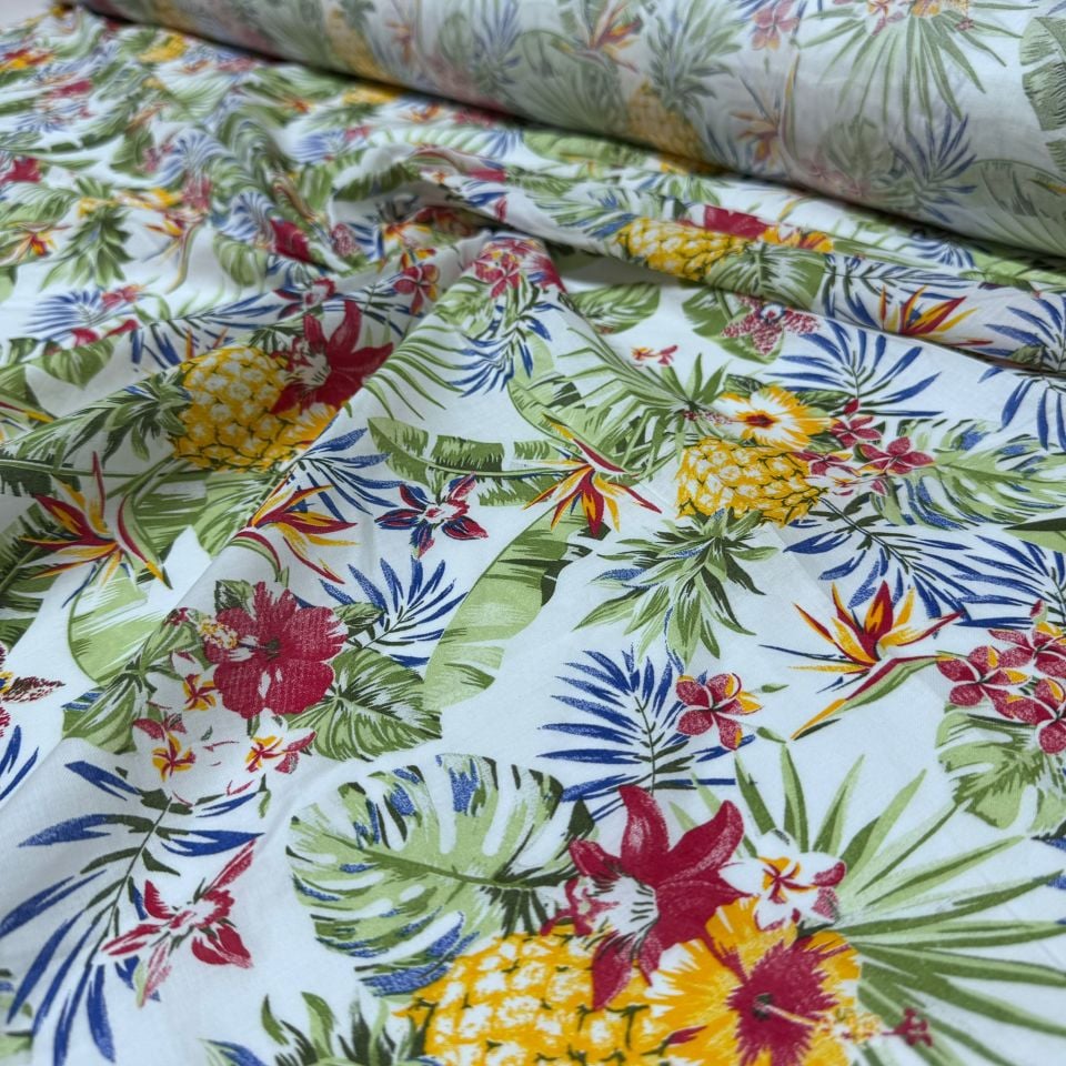 Vual Kumaş %100 Pamuk Çok Renkli Turuncu Çiçek Desenli Çift En