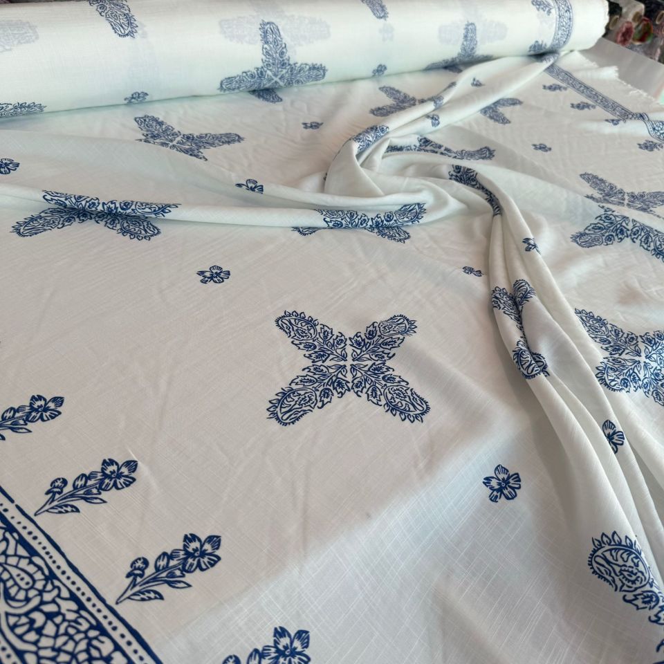 Keten Viskon Kumaş Dökümlü %100 Pamuk Çift En Mavi Etnik Desenli