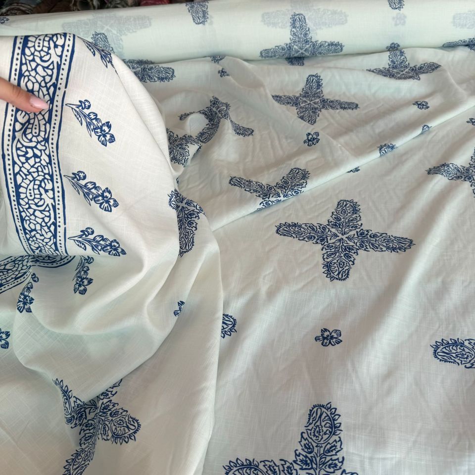 Keten Viskon Kumaş Dökümlü %100 Pamuk Çift En Mavi Etnik Desenli