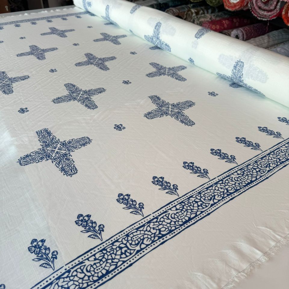 Keten Viskon Kumaş Dökümlü %100 Pamuk Çift En Mavi Etnik Desenli