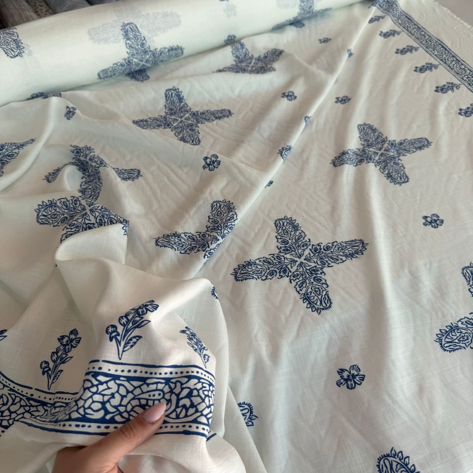 Keten Viskon Kumaş Dökümlü %100 Pamuk Çift En Mavi Etnik Desenli