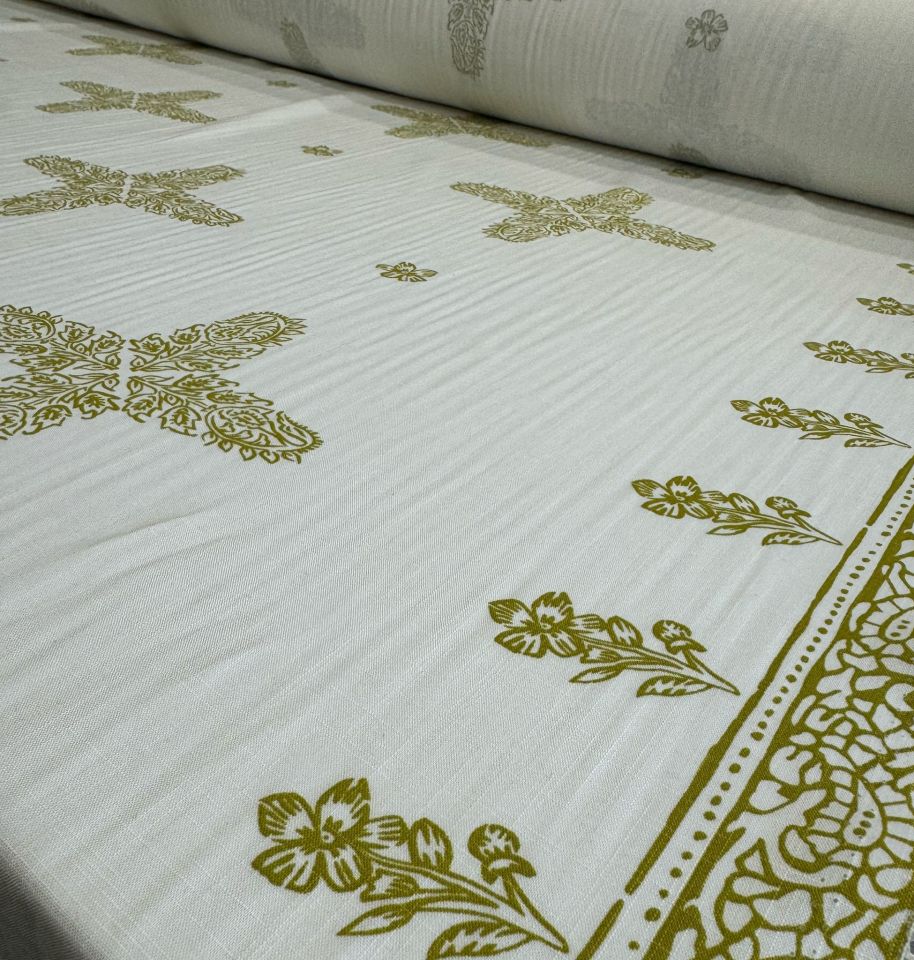 Keten Viskon Kumaş Dökümlü %100 Pamuk Çift En Gold Etnik Desenli