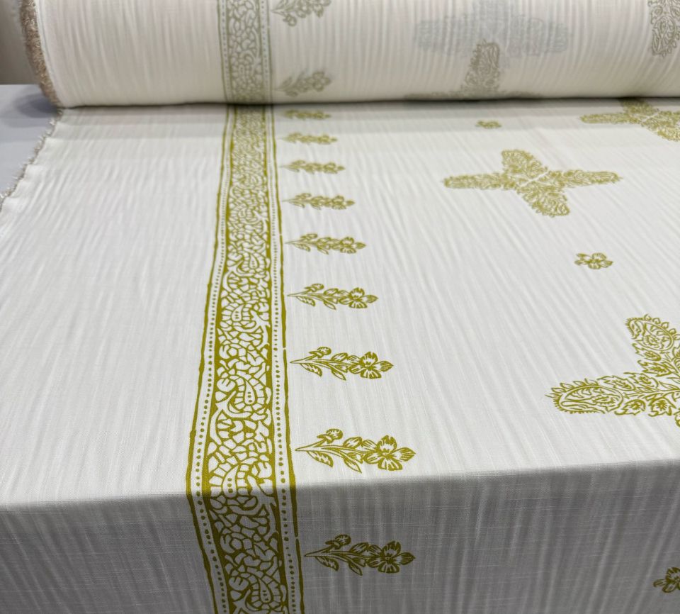 Keten Viskon Kumaş Dökümlü %100 Pamuk Çift En Gold Etnik Desenli