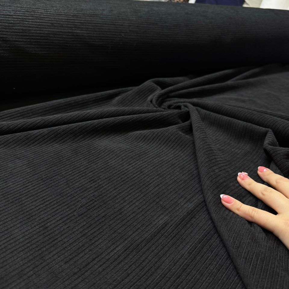 İtalyan Fitilli Kadife Kumaş Çift En Siyah