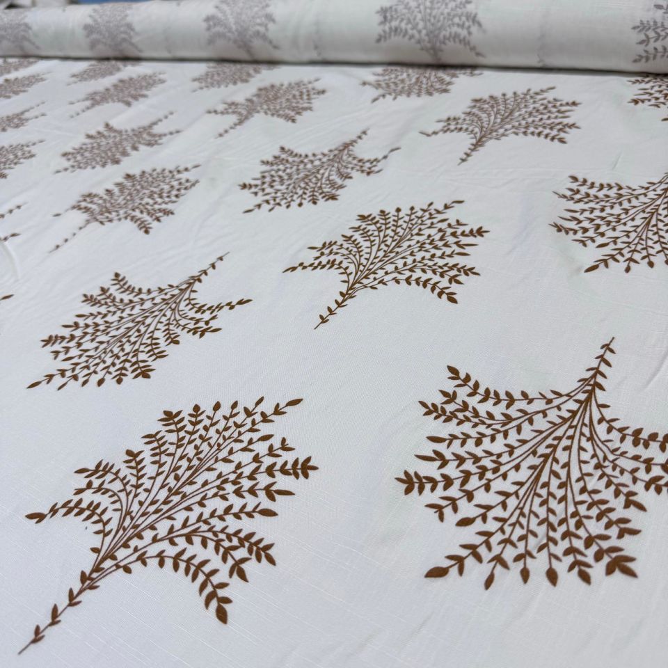 Keten Viskon Kumaş Dökümlü %100 Pamuk Yaprak Demeti Desenli Taba Renk