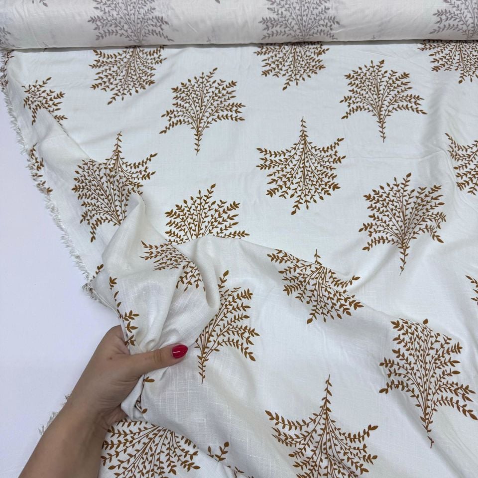 Keten Viskon Kumaş Dökümlü %100 Pamuk Yaprak Demeti Desenli Taba Renk