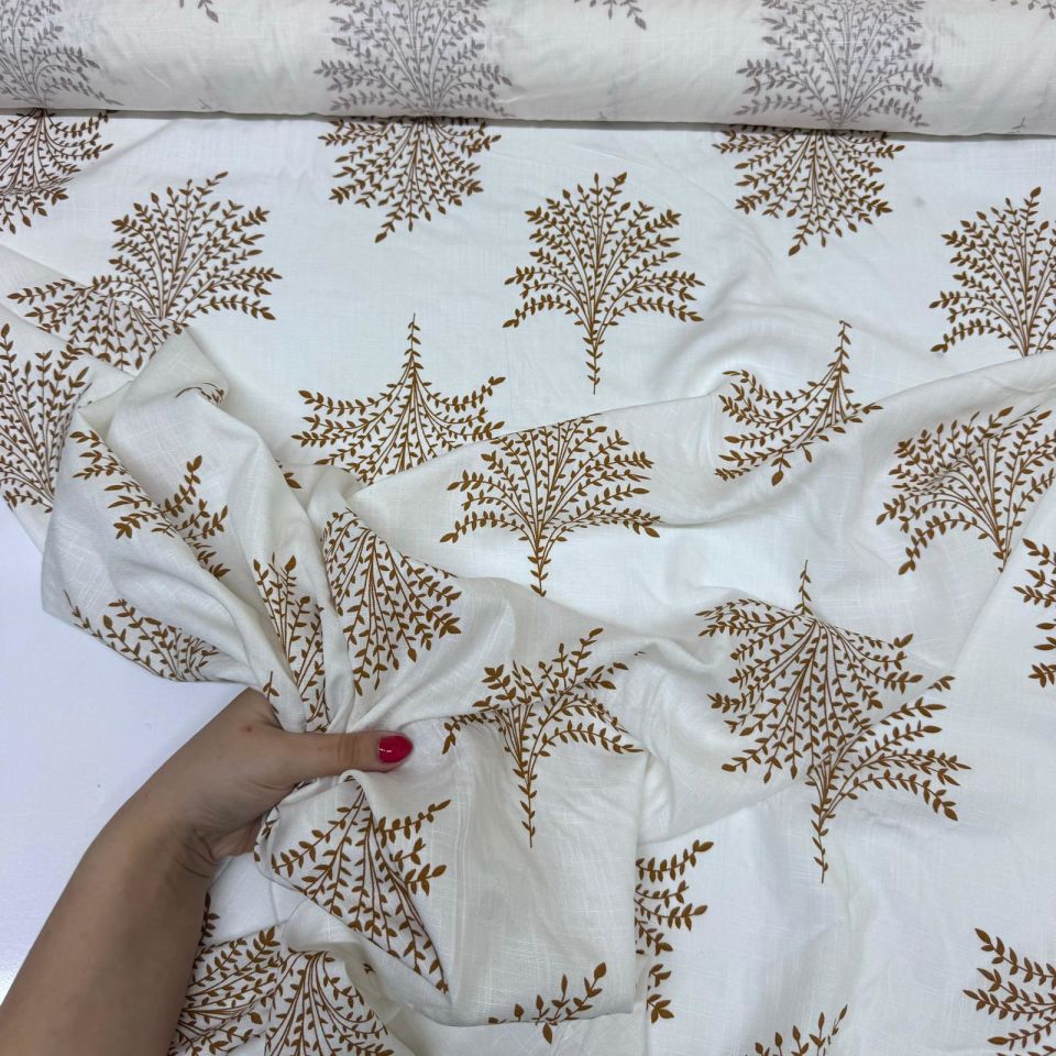 Keten Viskon Kumaş Dökümlü %100 Pamuk Yaprak Demeti Desenli Taba Renk