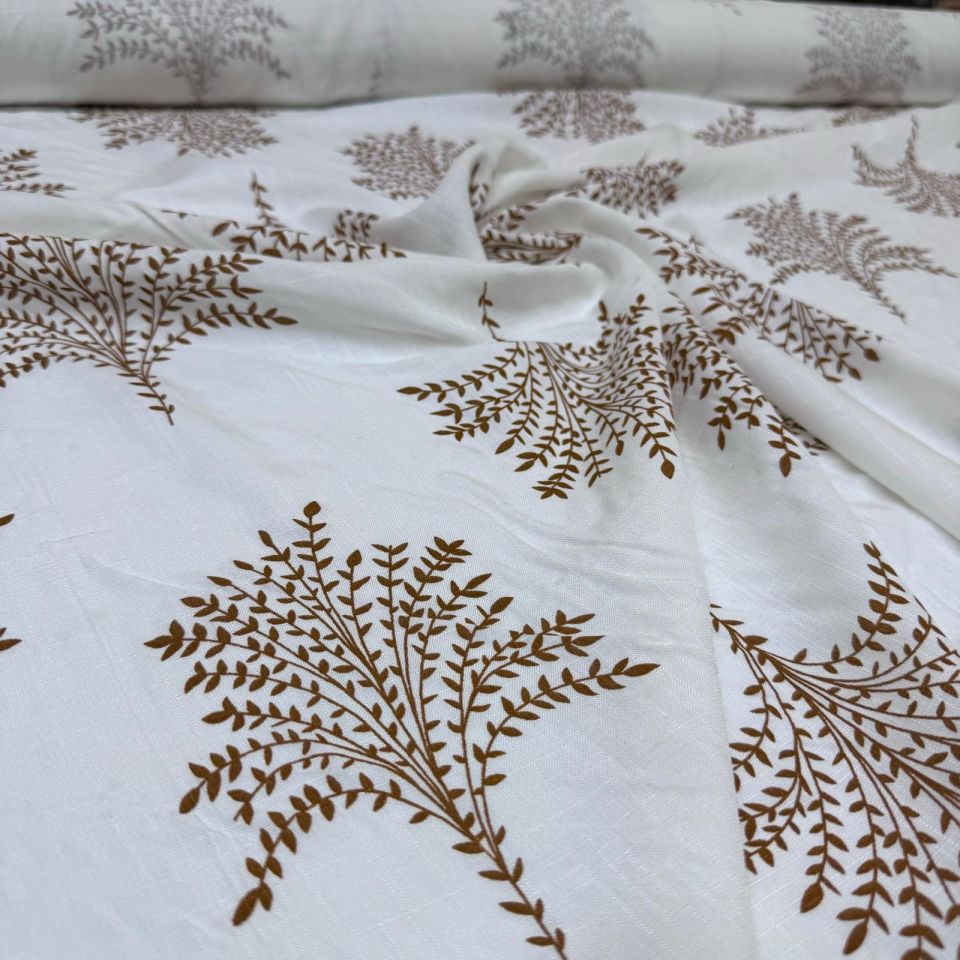 Keten Viskon Kumaş Dökümlü %100 Pamuk Yaprak Demeti Desenli Taba Renk