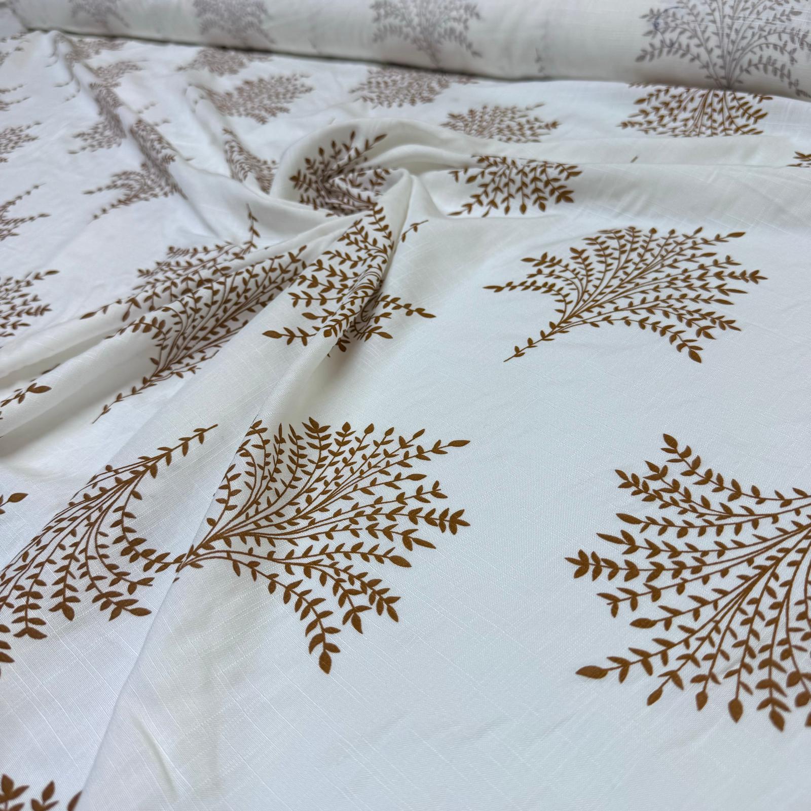 Keten Viskon Kumaş Dökümlü %100 Pamuk Yaprak Demeti Desenli Taba Renk