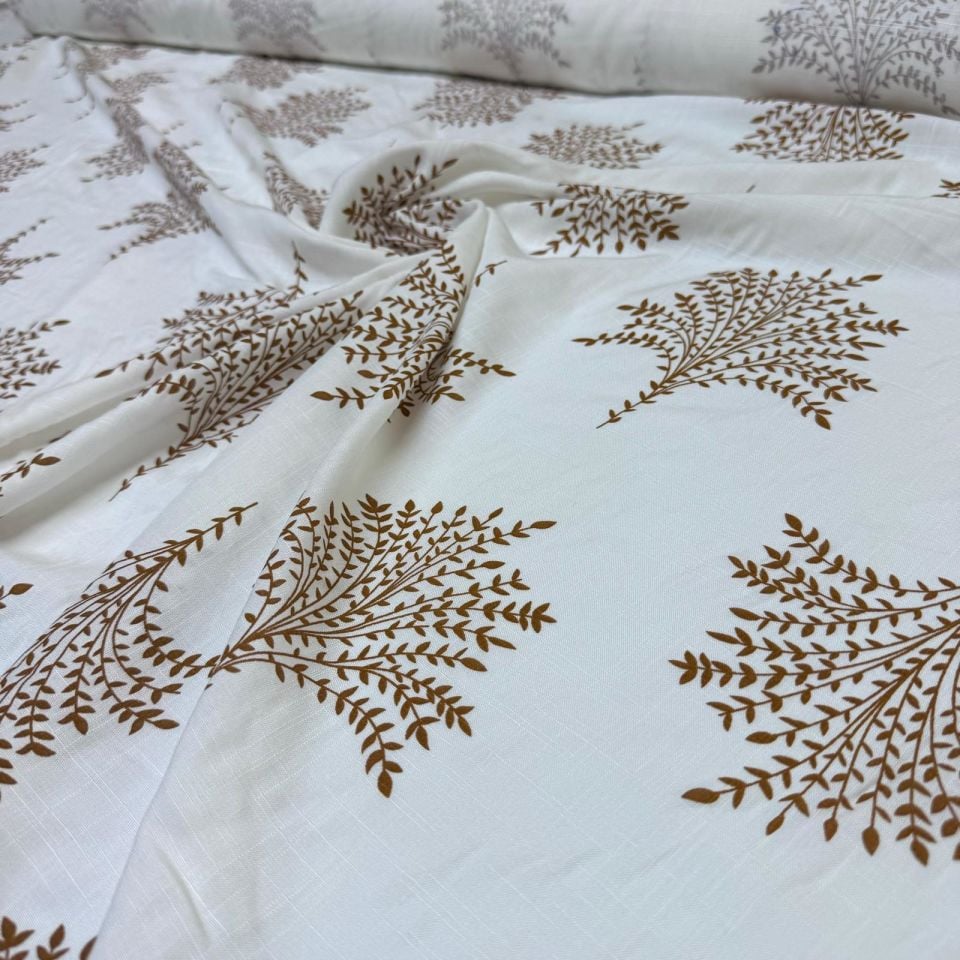 Keten Viskon Kumaş Dökümlü %100 Pamuk Yaprak Demeti Desenli Taba Renk