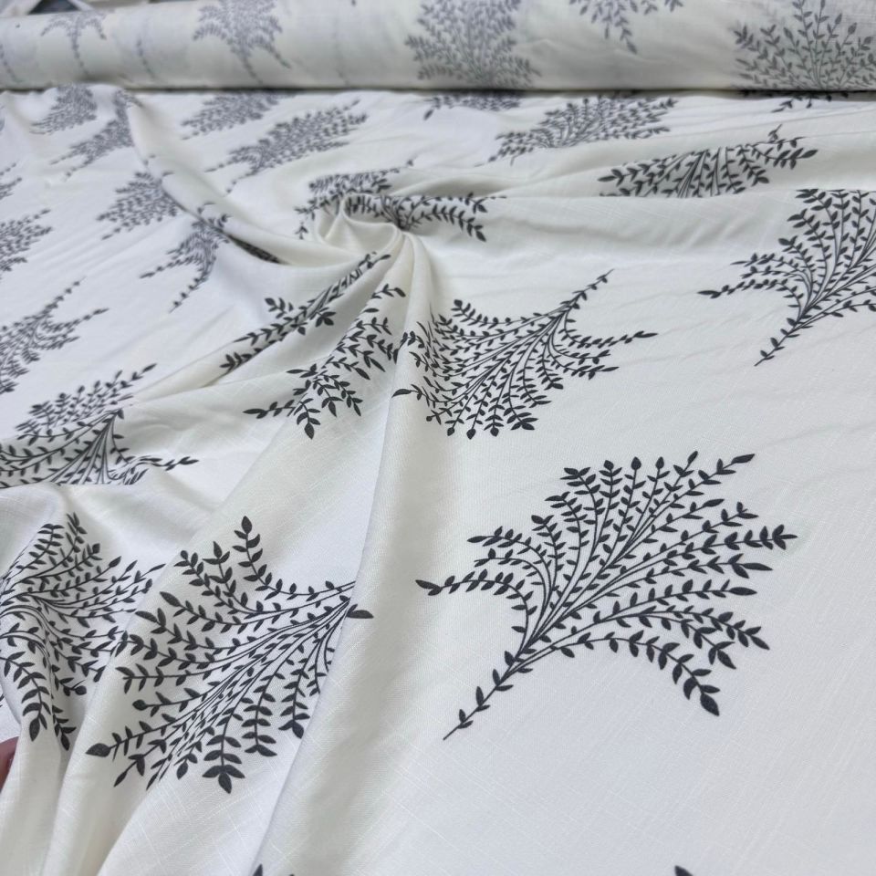 Keten Viskon Kumaş Dökümlü %100 Pamuk Yaprak Demeti Desenli Antrasit Renk