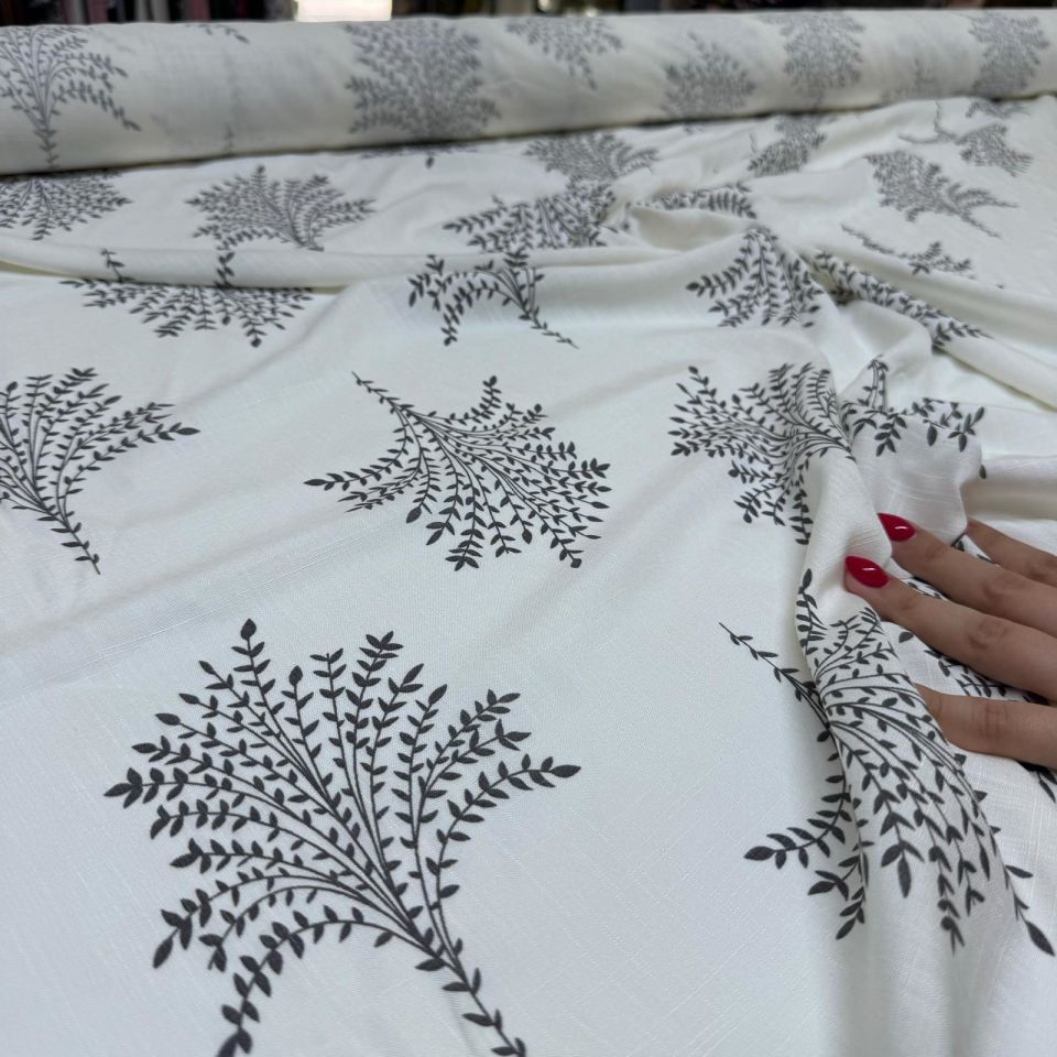 Keten Viskon Kumaş Dökümlü %100 Pamuk Yaprak Demeti Desenli Antrasit Renk