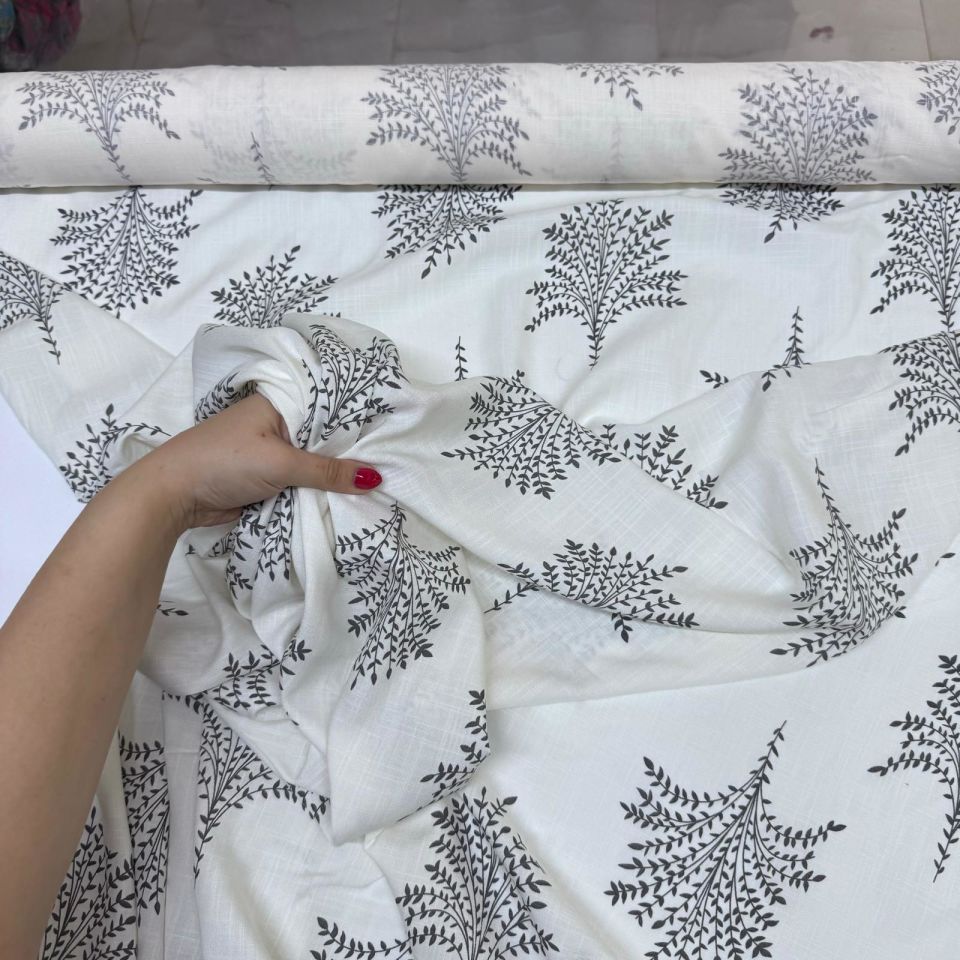 Keten Viskon Kumaş Dökümlü %100 Pamuk Yaprak Demeti Desenli Antrasit Renk