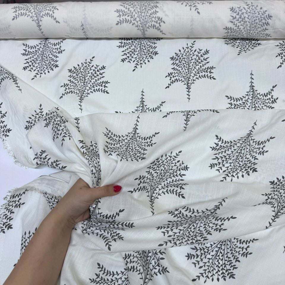 Keten Viskon Kumaş Dökümlü %100 Pamuk Yaprak Demeti Desenli Antrasit Renk