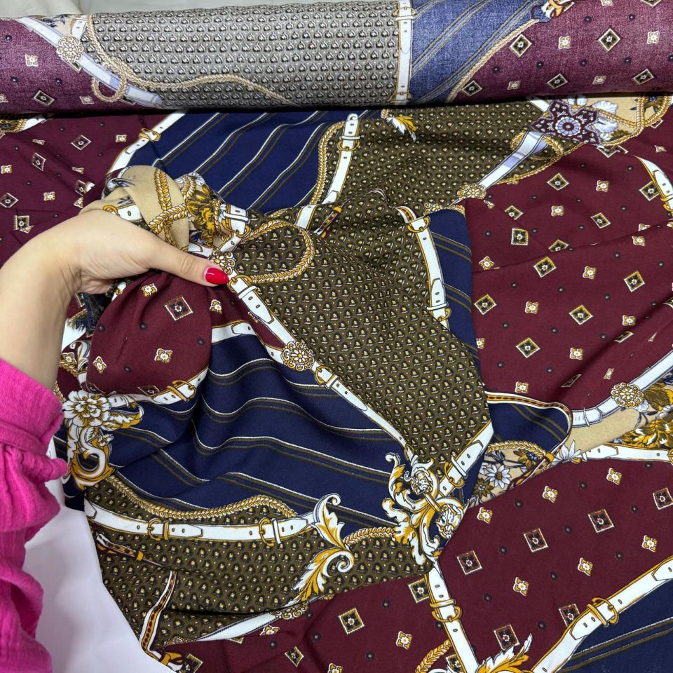 İthal Viskon Kumaş %100 Pamuk Mürdüm Lacivert Renk Kemer Desenli