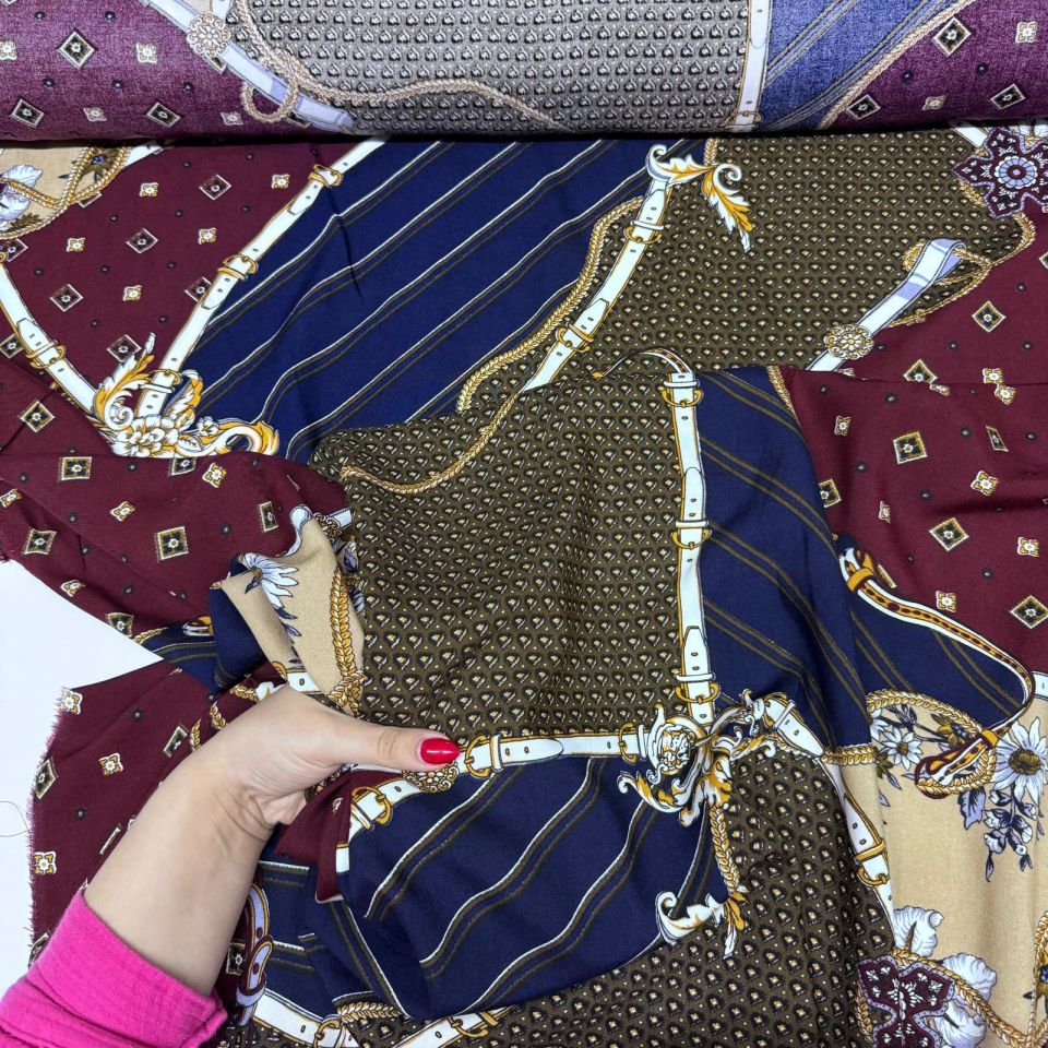 İthal Viskon Kumaş %100 Pamuk Mürdüm Lacivert Renk Kemer Desenli