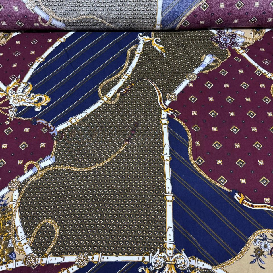 İthal Viskon Kumaş %100 Pamuk Mürdüm Lacivert Renk Kemer Desenli