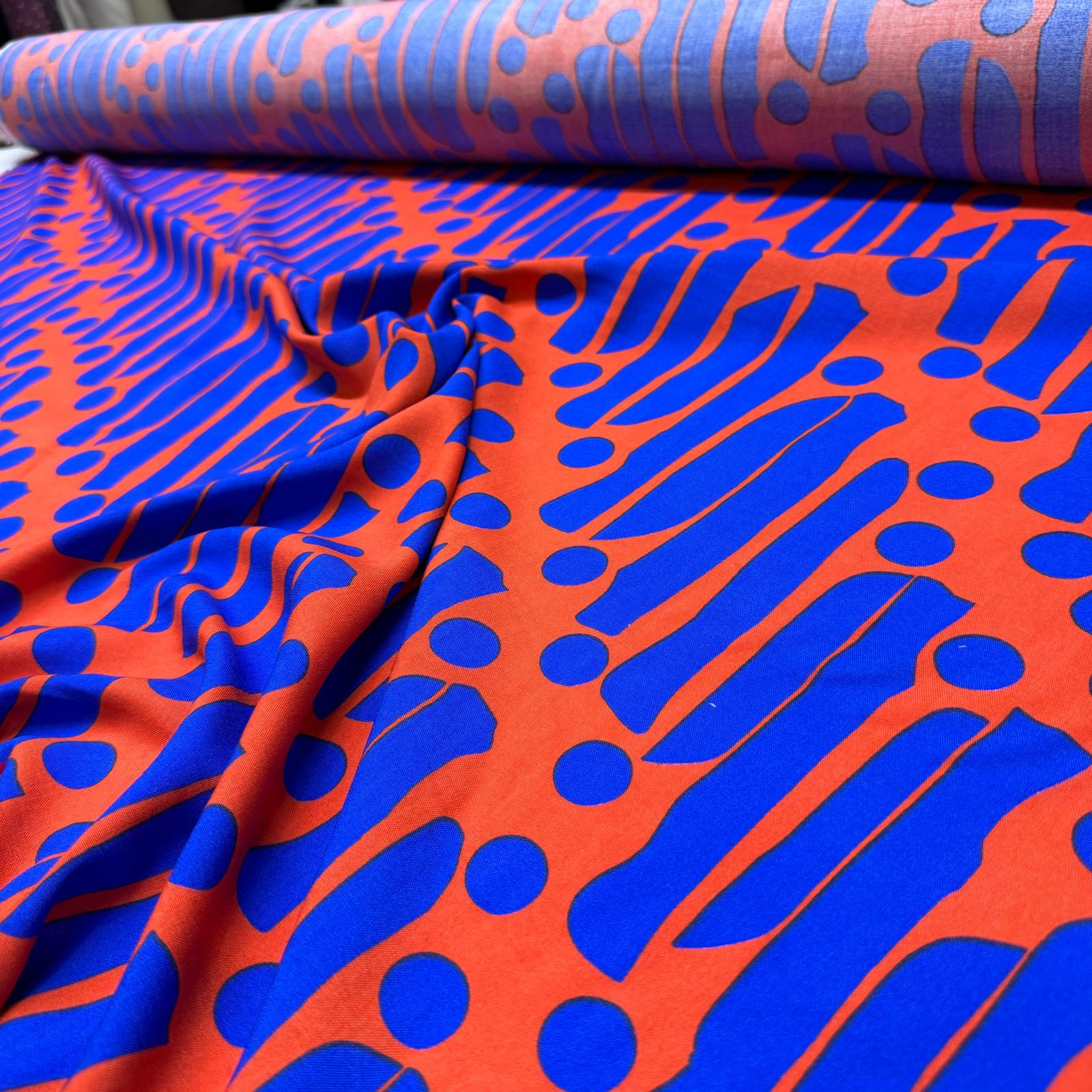 İthal Viskon Kumaş %100 Pamuk Çift En Turuncu Mor Desenli