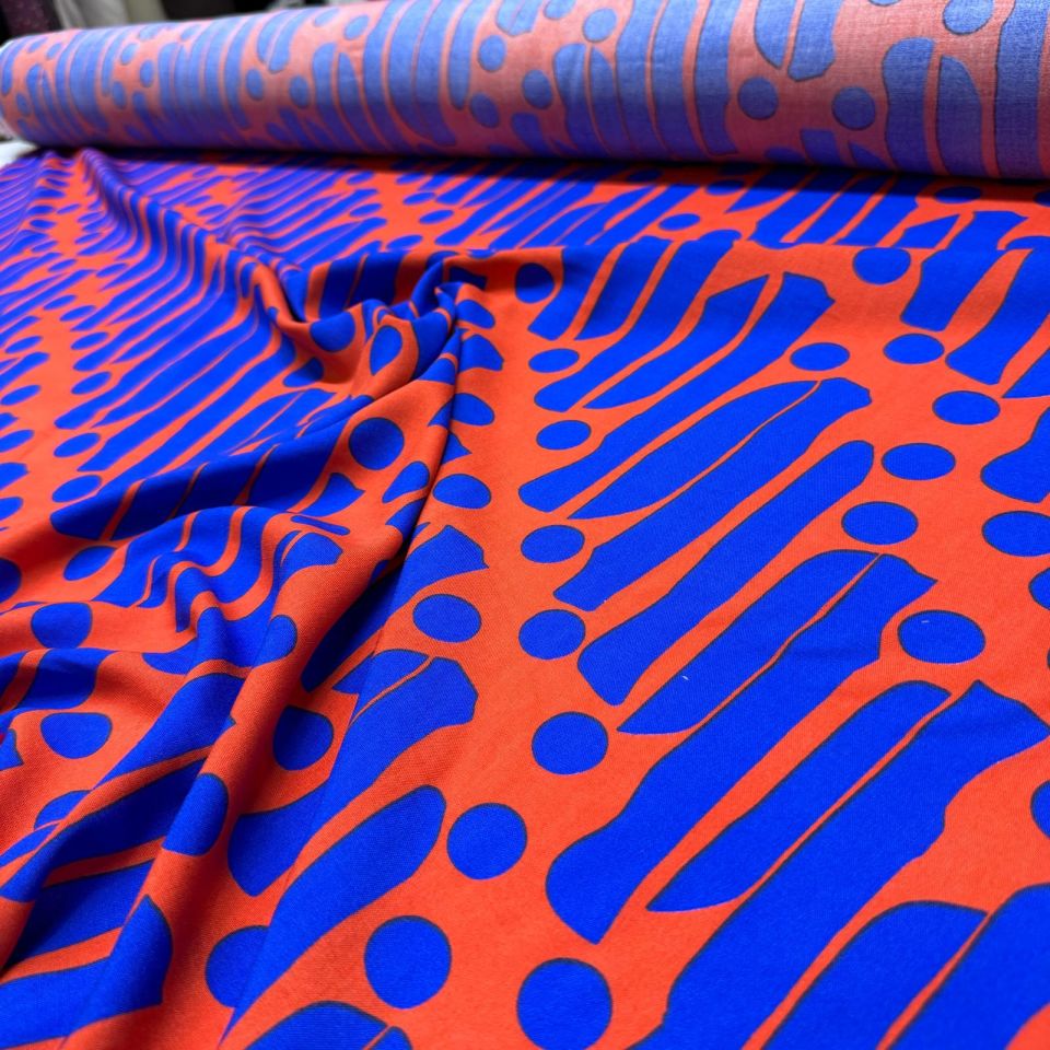 İthal Viskon Kumaş %100 Pamuk Çift En Turuncu Mor Desenli