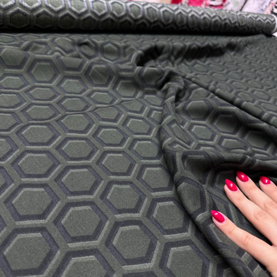 İthal Viskon Kumaş %100 Pamuk Koyu Yeşil Renk Altıgen Desen