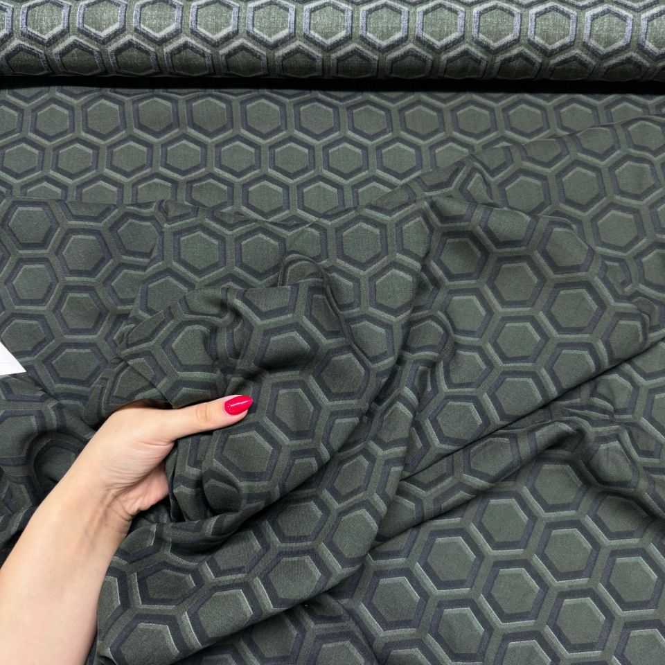 İthal Viskon Kumaş %100 Pamuk Koyu Yeşil Renk Altıgen Desen