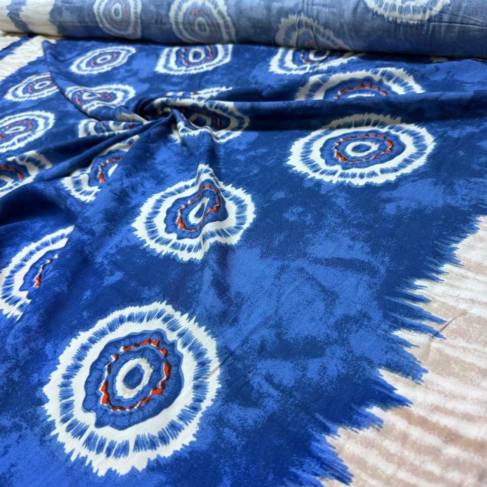 İthal Viskon Kumaş %100 Pamuk Mavi Renkli Yuvarlak Desenli Eteği Sulu