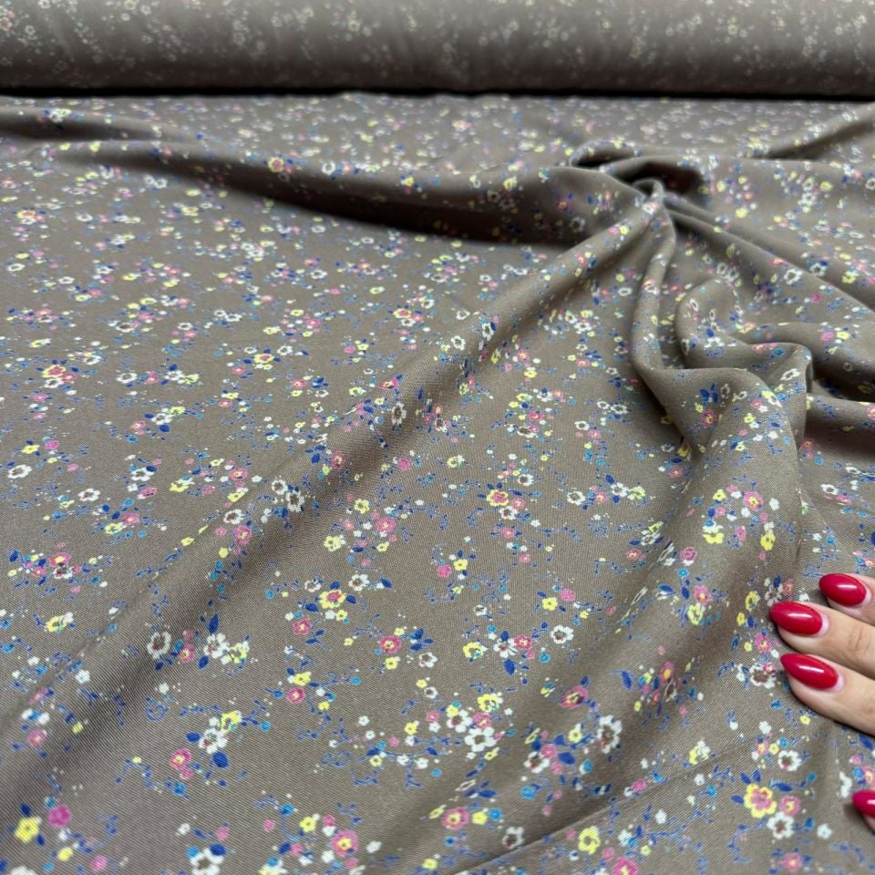 İthal Viskon Kumaş %100 Pamuk Çift En Vizon Renk Küçük Çiçek Desenli Empirme