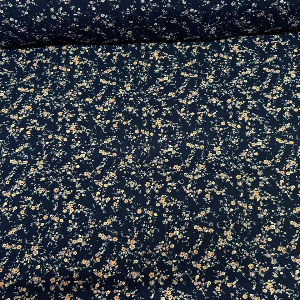 İthal Viskon Kumaş %100 Pamuk Çift En Siyah Renk Küçük Çiçek Desenli Empirme