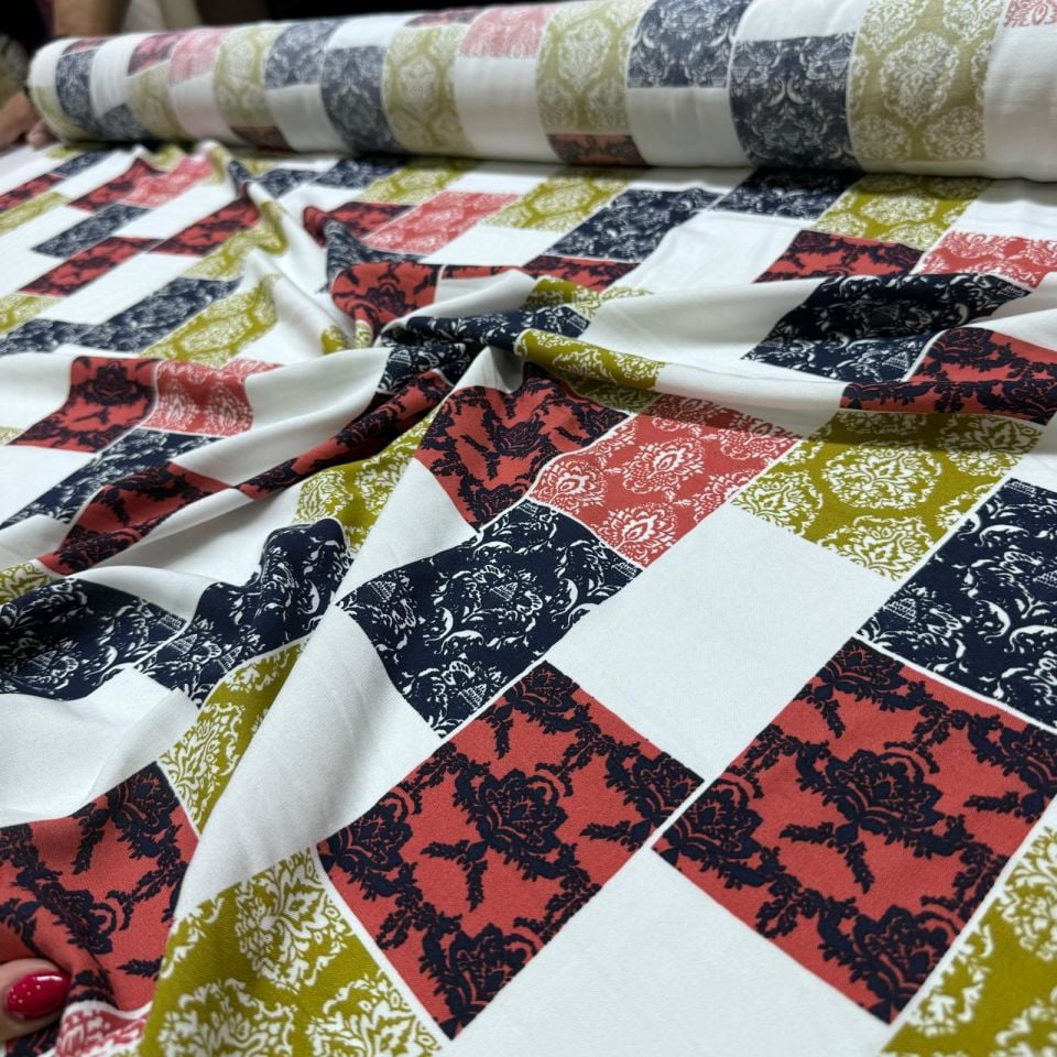 İthal Viskon Kumaş %100 Pamuk Çift En Etnik Desenli Çok Renkli