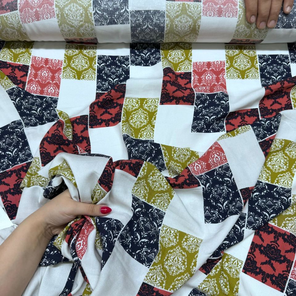 İthal Viskon Kumaş %100 Pamuk Çift En Etnik Desenli Çok Renkli