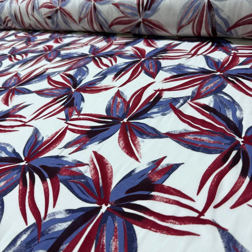 İthal Viskon Kumaş %100 Pamuk Çift En Büyük Çiçek Desen Bordo-Mavi Renk