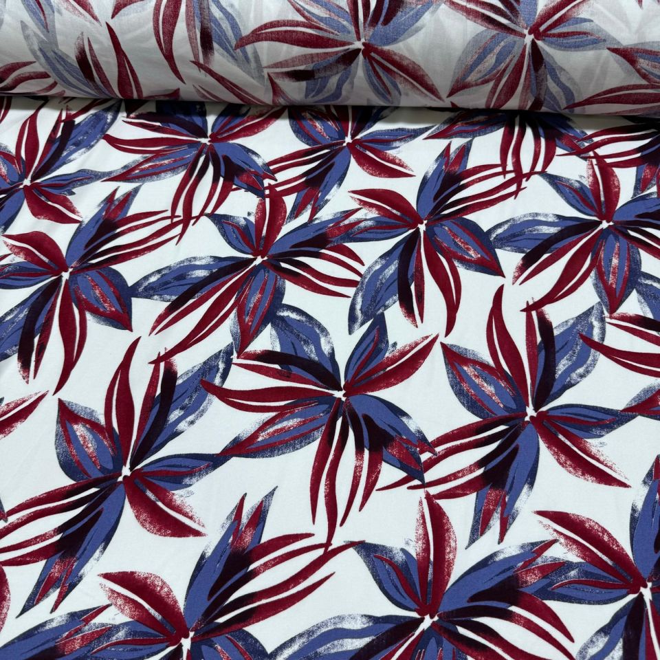 İthal Viskon Kumaş %100 Pamuk Çift En Büyük Çiçek Desen Bordo-Mavi Renk