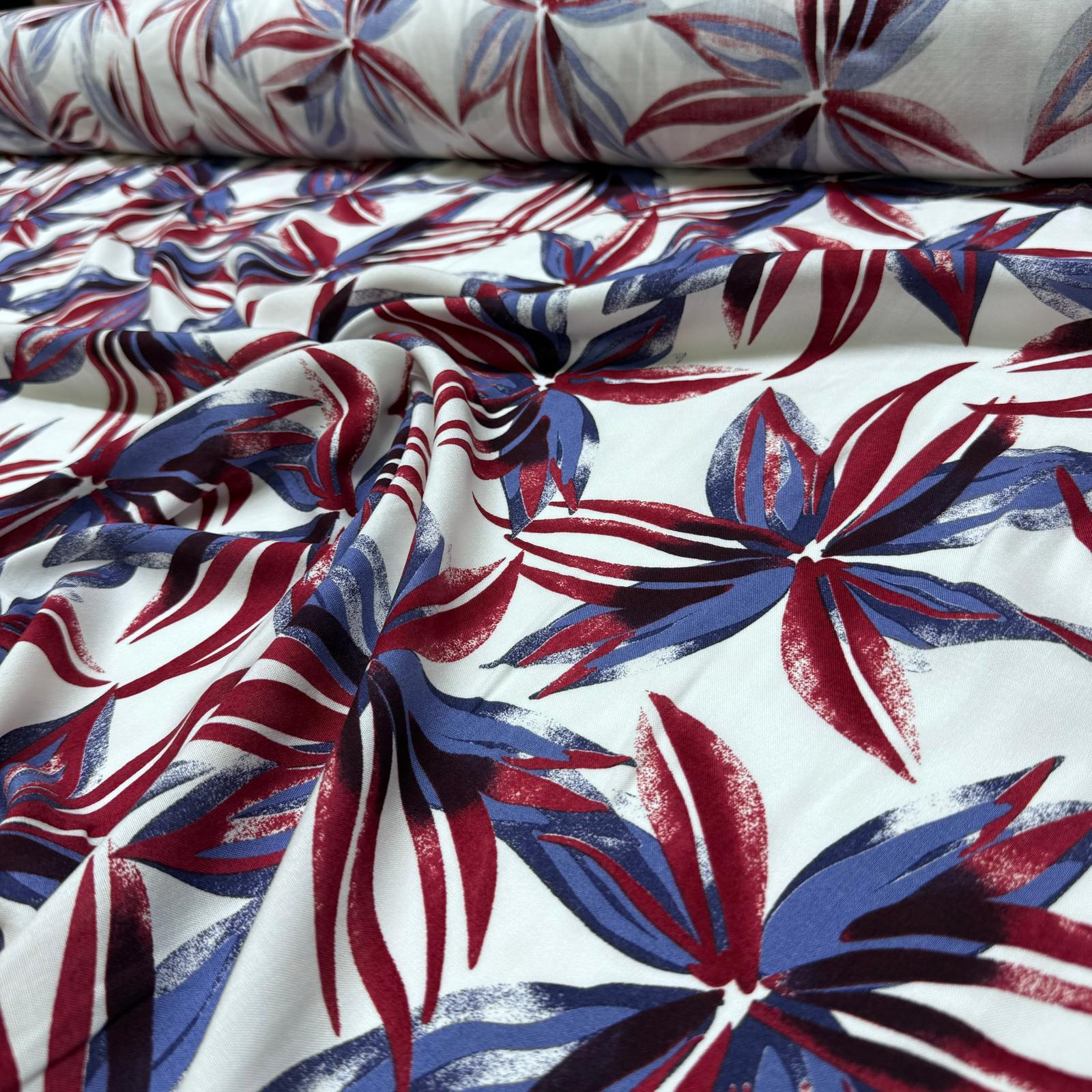 İthal Viskon Kumaş %100 Pamuk Çift En Büyük Çiçek Desen Bordo-Mavi Renk