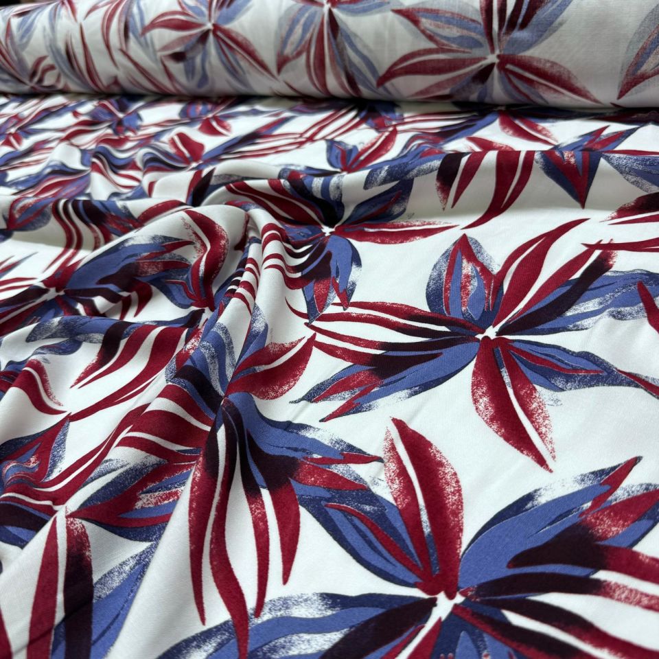 İthal Viskon Kumaş %100 Pamuk Çift En Büyük Çiçek Desen Bordo-Mavi Renk